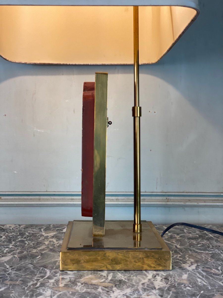 Brass Table Lamp, Lacquered And Gilded Wood Plate China Circa 1980-photo-2
