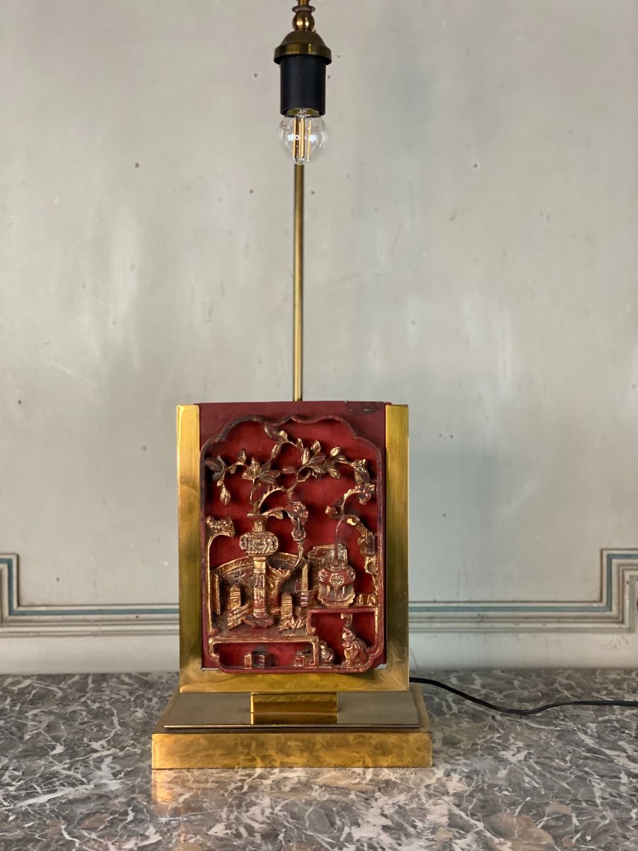 Brass Table Lamp, Lacquered And Gilded Wood Plate China Circa 1980-photo-4