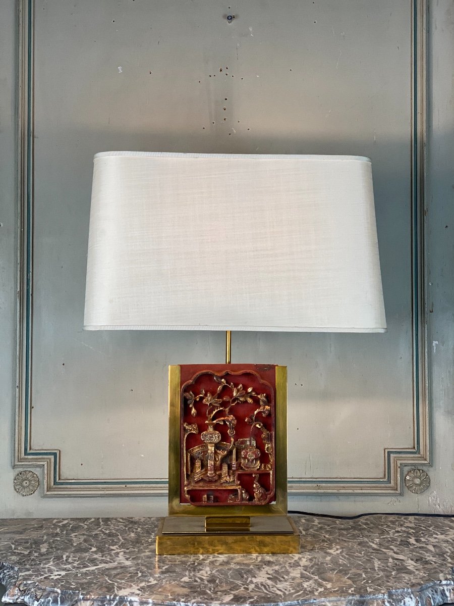 Lampe De Table En Laiton, Plaque De Bois Laqué Et Doré Chine Vers 1980-photo-5