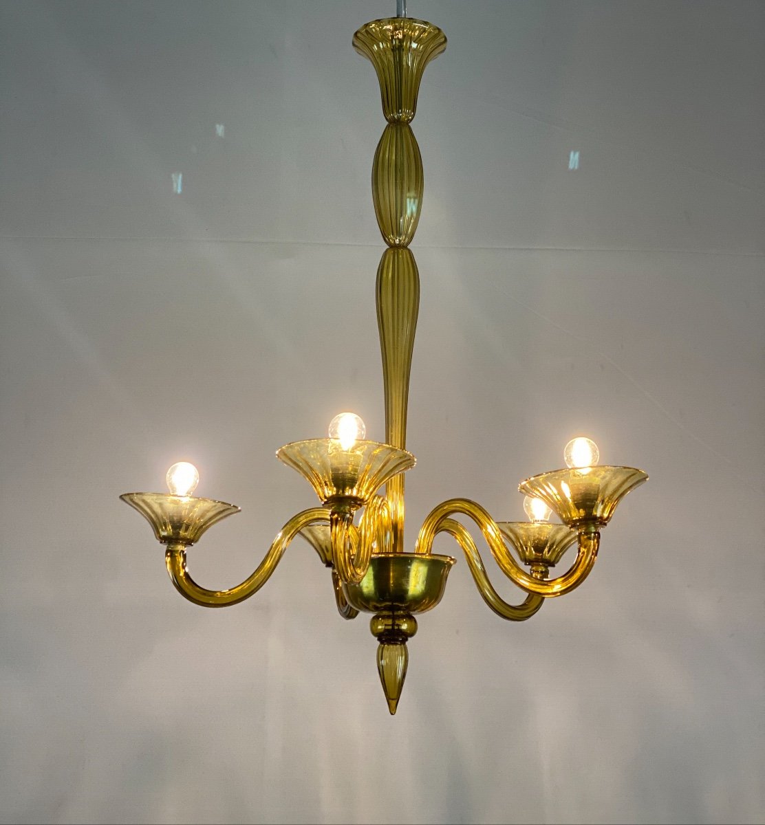 Venetian Murano Glass Chandelier In Amber Yellow Color, 5 Arms Of Light