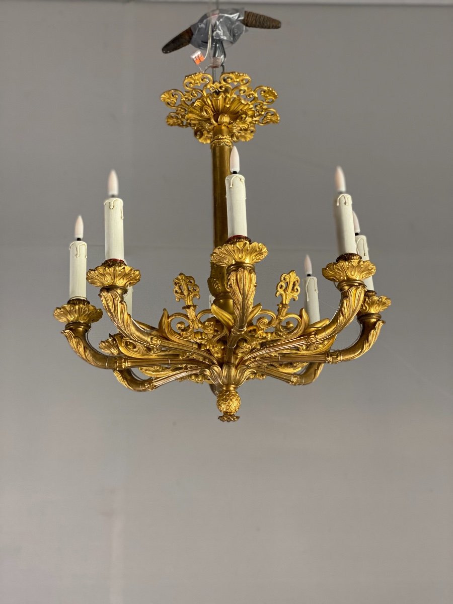 Lustre En Bronze Doré 8 Bras De Lumière, France Première Moitié Du XIXème Siècle -photo-1