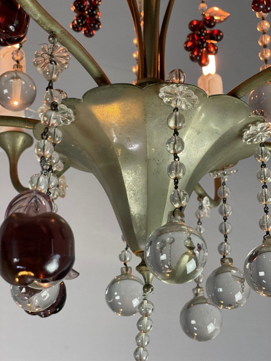 Chandelier In Silver Bronze Garnished With Tassels, Fruits And Balls-photo-1