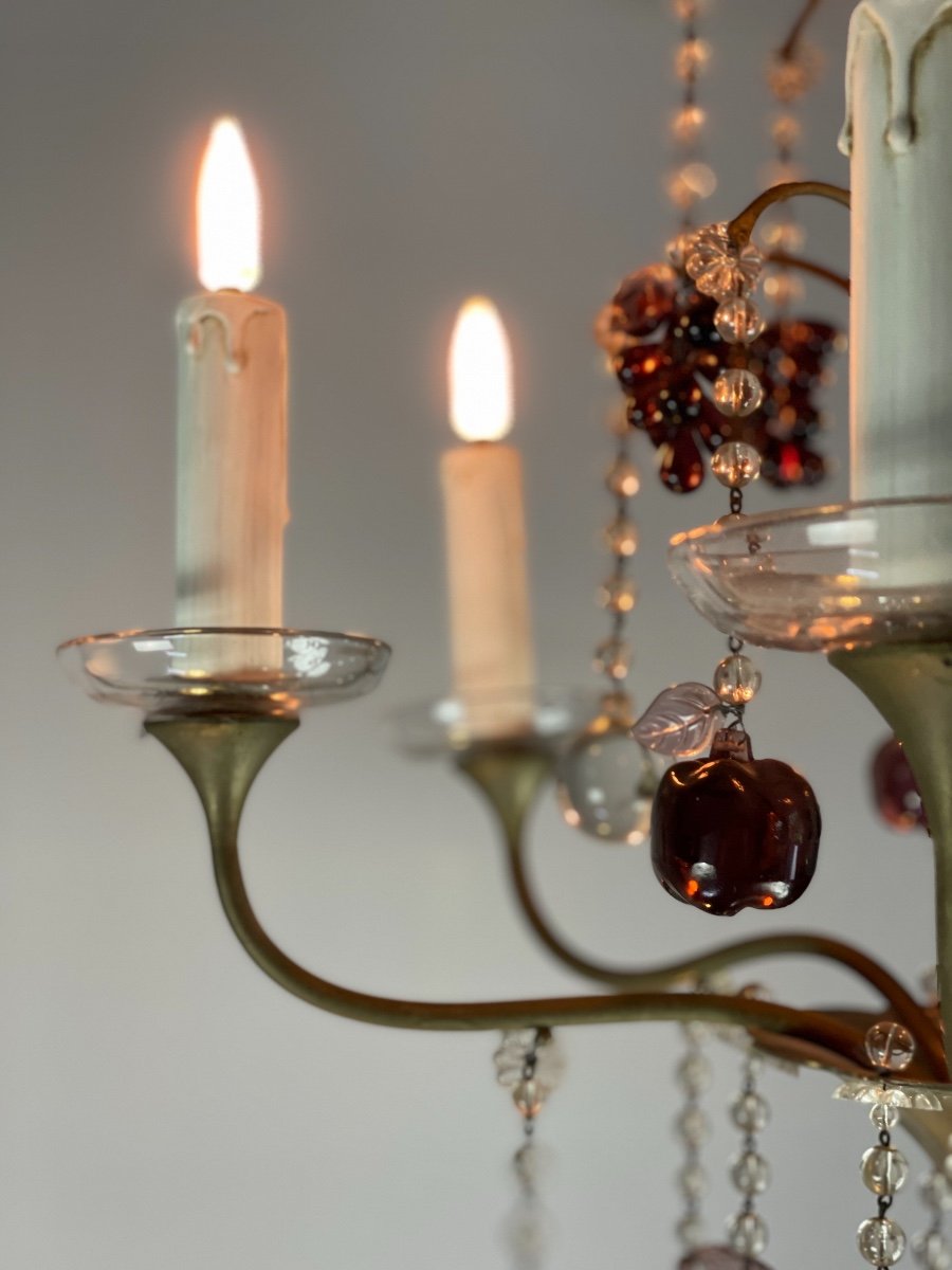 Chandelier In Silver Bronze Garnished With Tassels, Fruits And Balls-photo-4