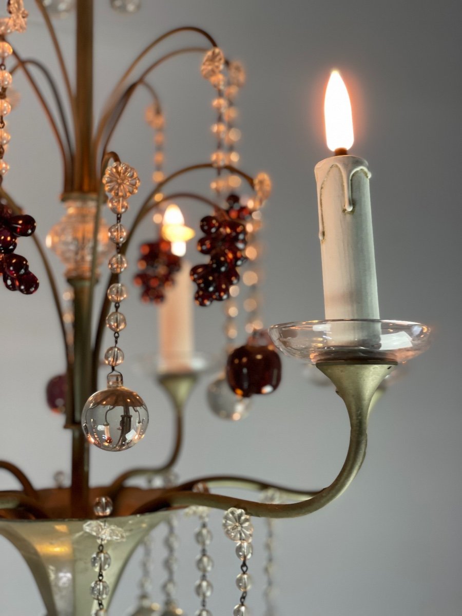 Lustre En Bronze Argenté Garni De Pampilles, Fruits Et Boules -photo-6