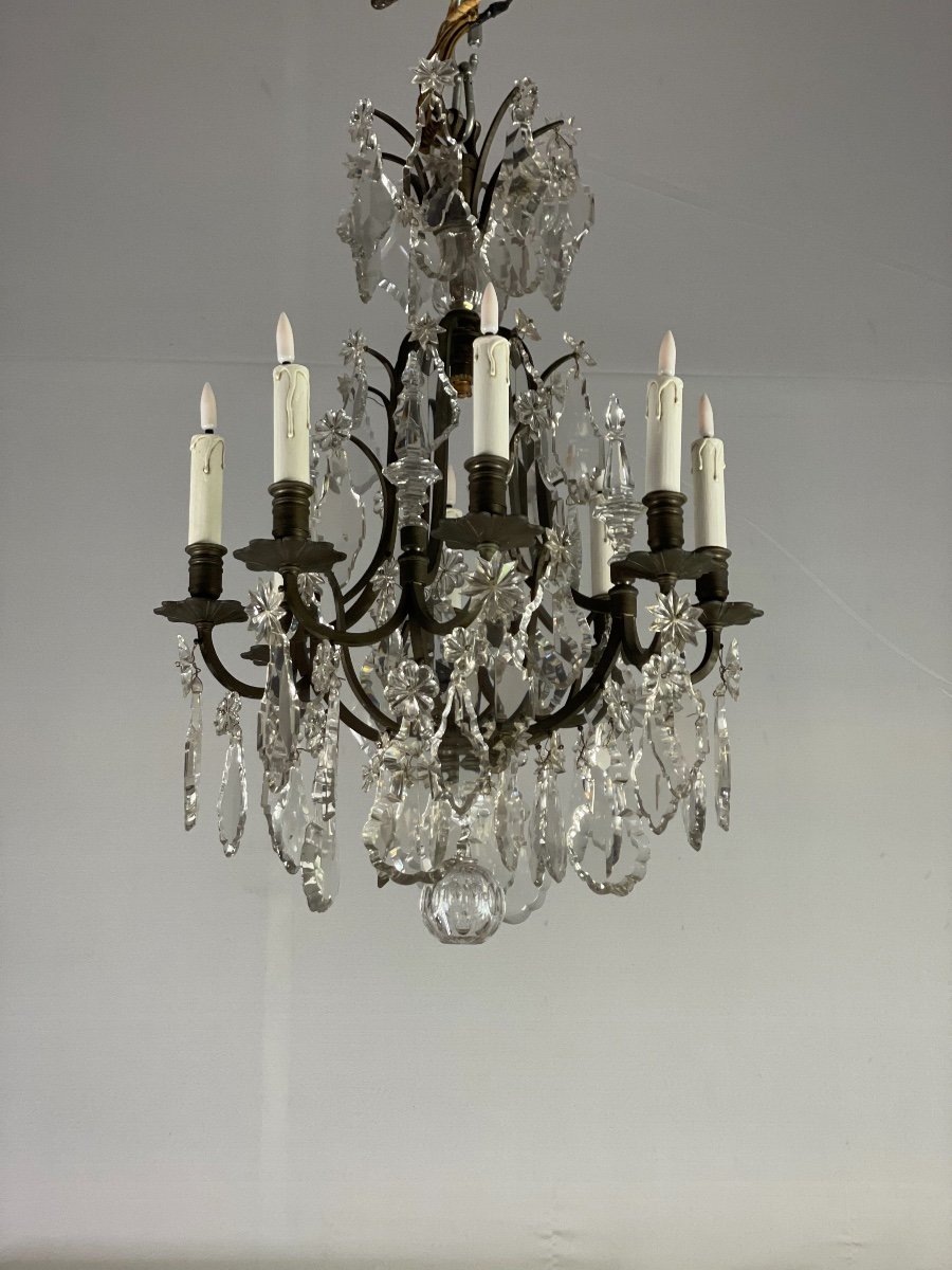 Bronze Chandelier Garnished With Cut Crystal Pendants-photo-4