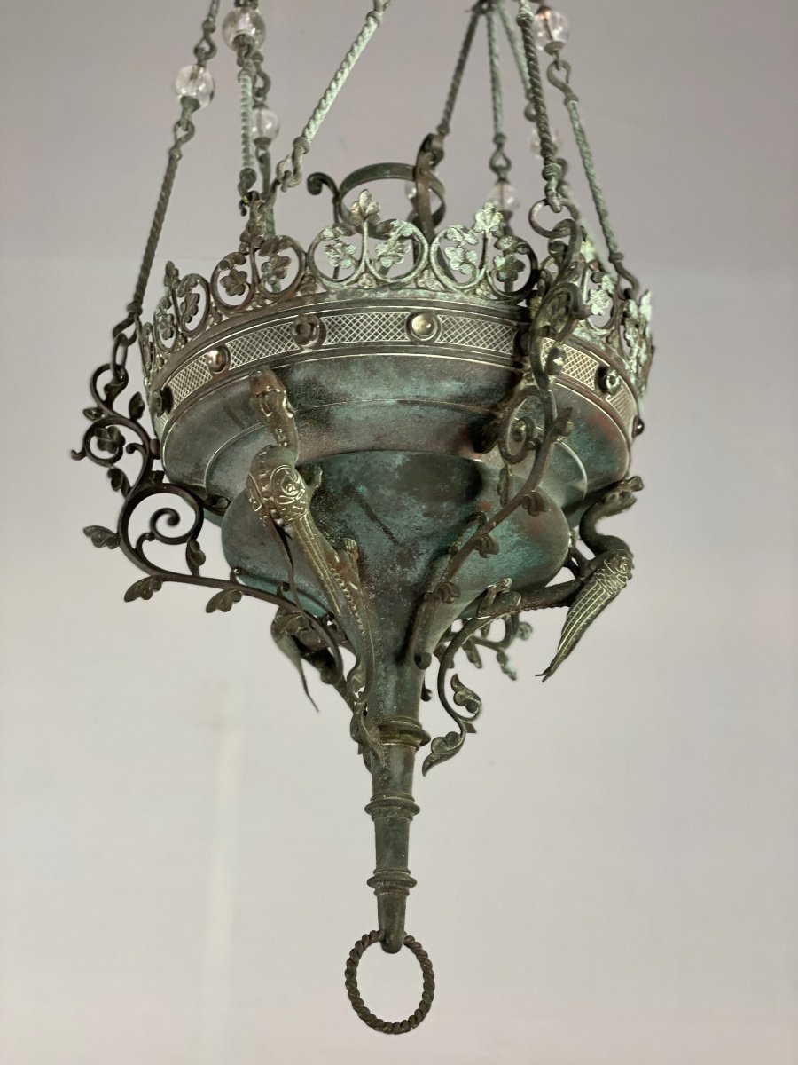 Lustre Néogothique En Bronze Vers 1880-photo-3