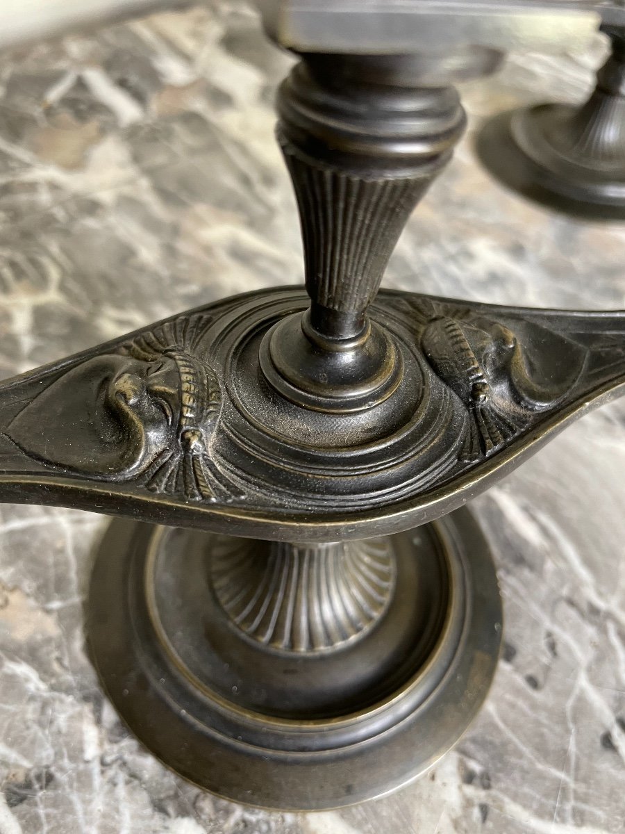Pair Of Bronze Candlesticks With Black Patina In The Taste Of The Antique-photo-3
