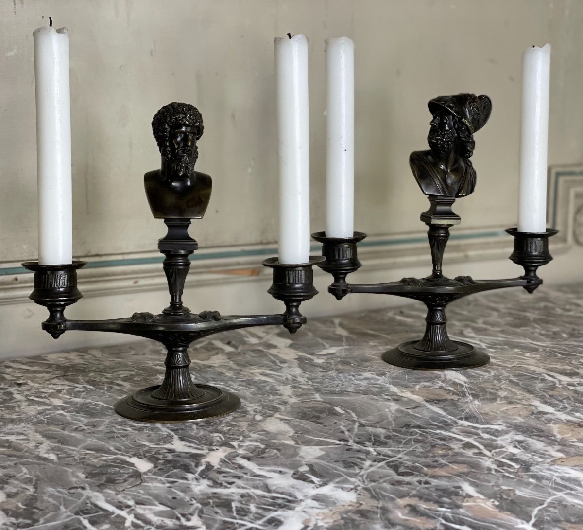 Pair Of Bronze Candlesticks With Black Patina In The Taste Of The Antique-photo-5