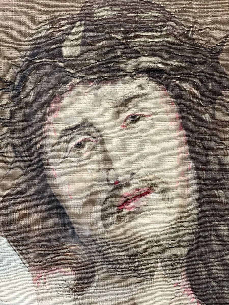 Head Of Christ, Fragment Of Tapestry On Frame And Framed, Flanders XVIIIth Century-photo-2