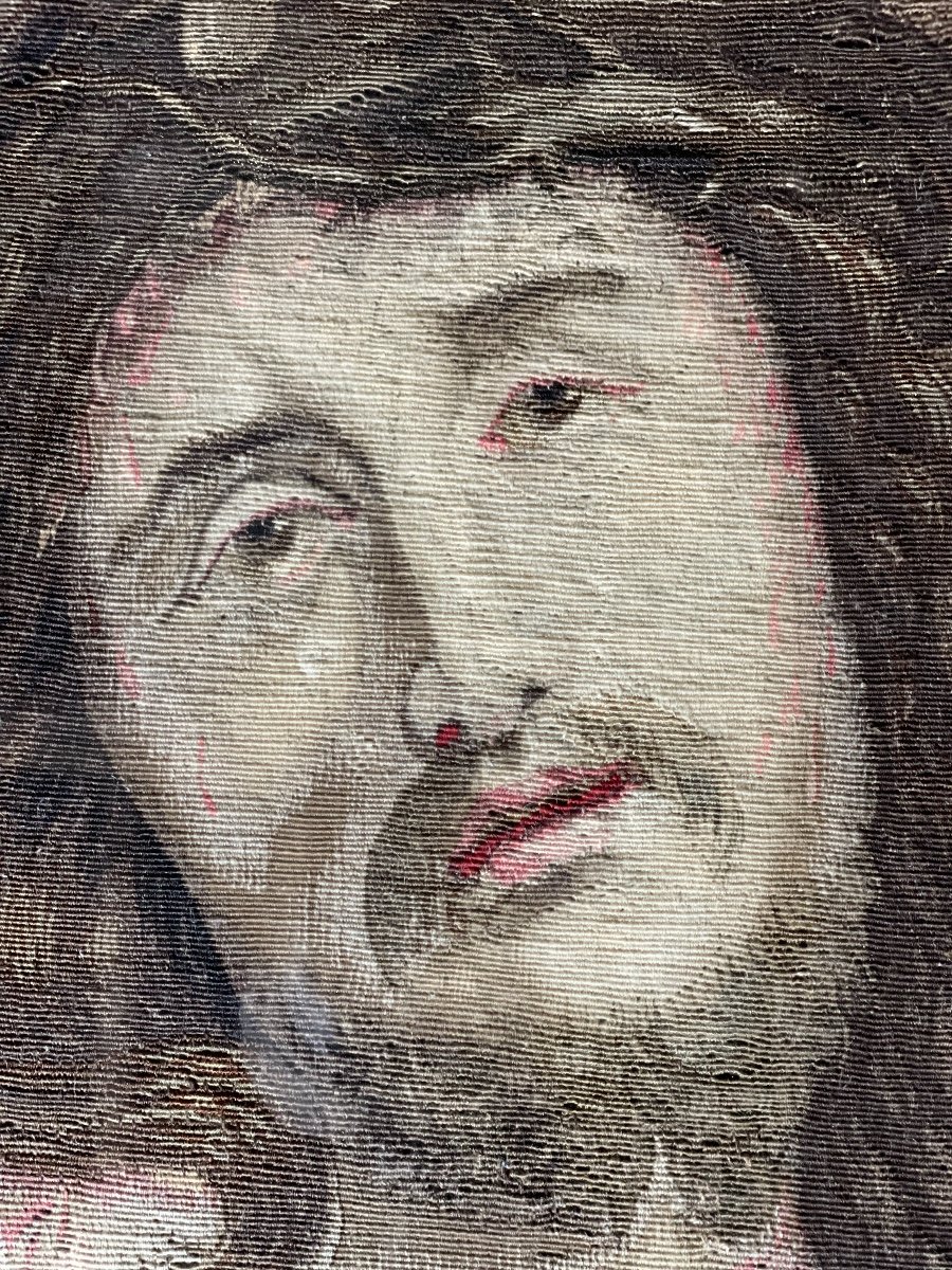 Head Of Christ, Fragment Of Tapestry On Frame And Framed, Flanders XVIIIth Century-photo-3