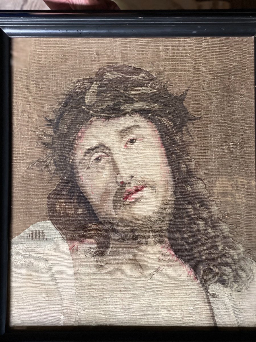 Head Of Christ, Fragment Of Tapestry On Frame And Framed, Flanders XVIIIth Century-photo-4