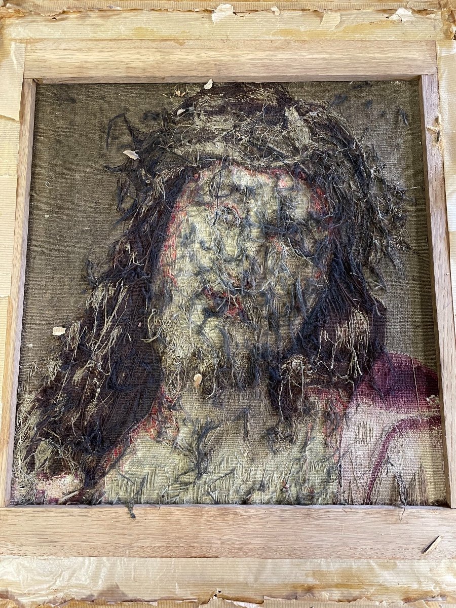 Tête Du Christ, Fragment De Tapisserie Sur Chassis Et Encadré, Flandres XVIIIéme Siècle -photo-3