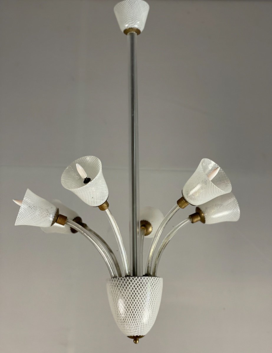 Venetian Chandelier In Clear And White Murano Glass, Venini Circa 1940-photo-4