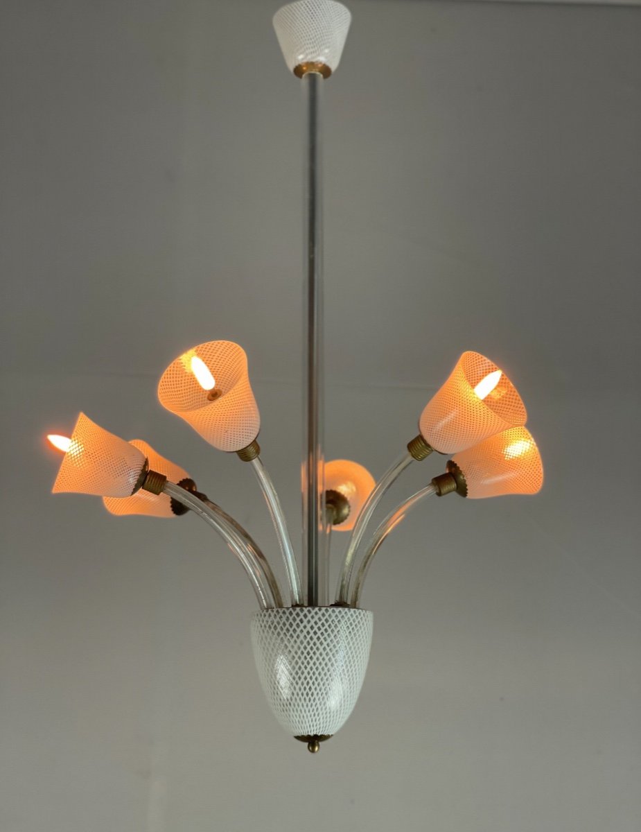 Venetian Chandelier In Clear And White Murano Glass, Venini Circa 1940-photo-6