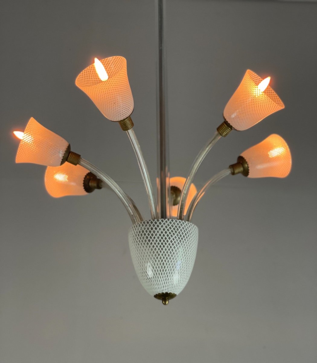 Venetian Chandelier In Clear And White Murano Glass, Venini Circa 1940