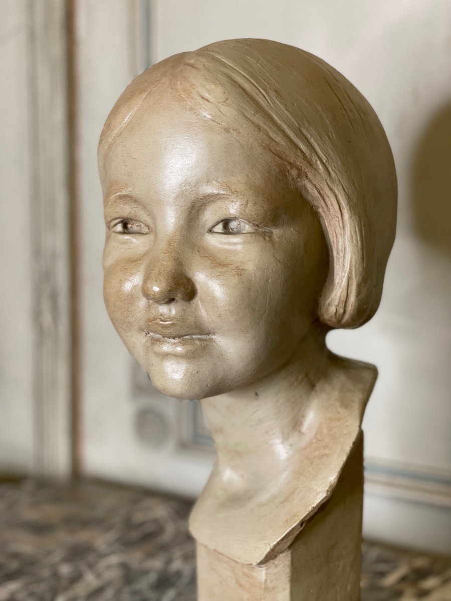 Plaster Bust, Young Girl, Monogram And Date-photo-3