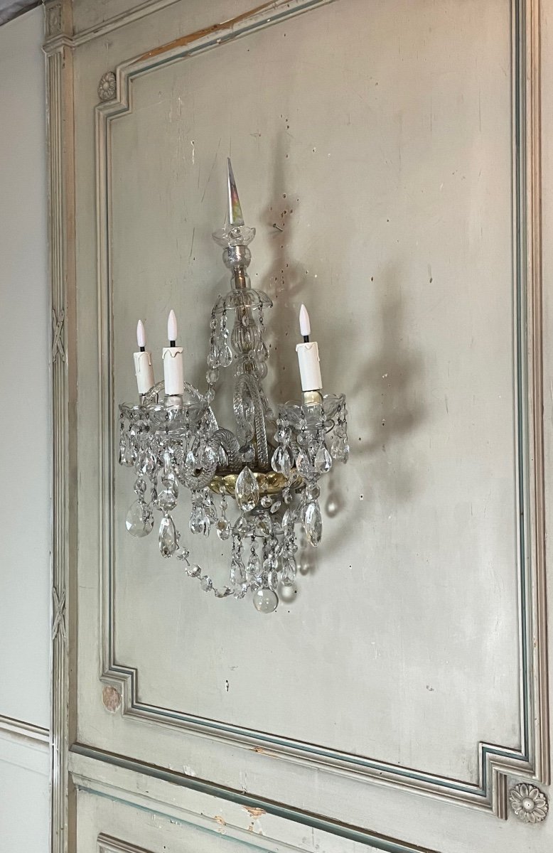 Pair Of Sconces Three Arms Of Light Decorated With Crystal Tassels-photo-3