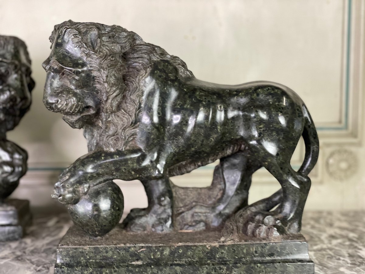 Pair Of Medici Lions In Serpentine Marble, XIXth Century-photo-6