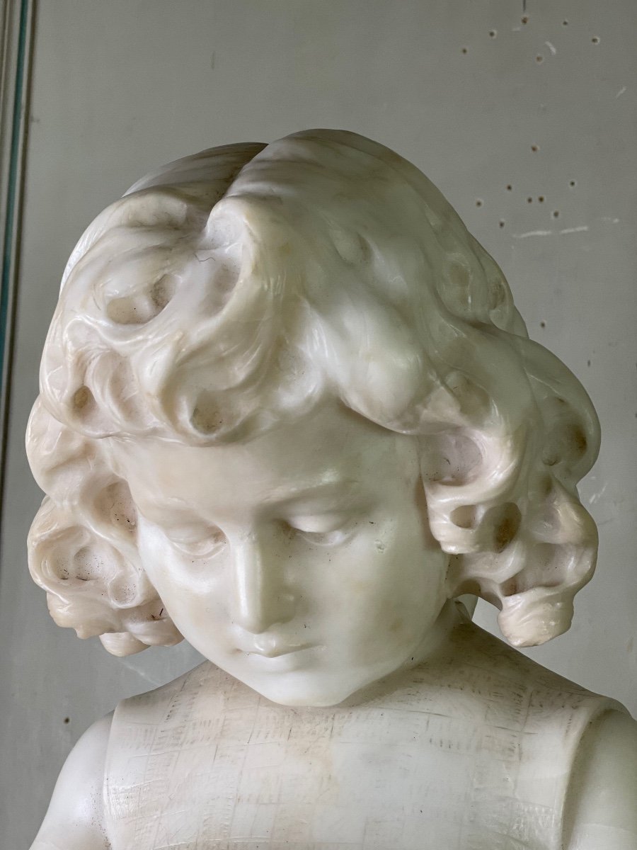 La Petite Fille Et La Tirelire, Sculpture En Albâtre, Signée Massi -photo-4