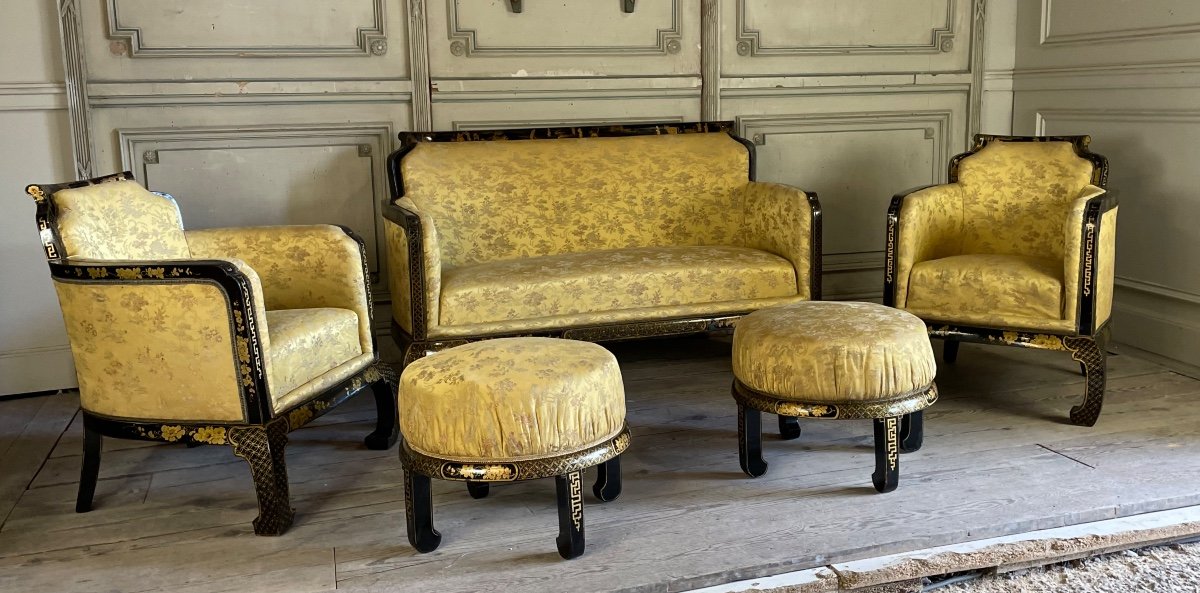 Set Of Two Armchairs, A Sofa And Two Poufs In Lacquered Wood With Golden Chinese Decorations-photo-5
