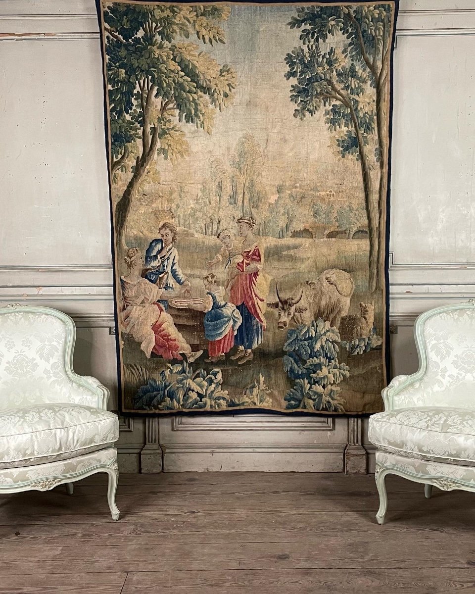 Tapestry, Country Scene, Wool And Silk, Eighteenth Century-photo-2