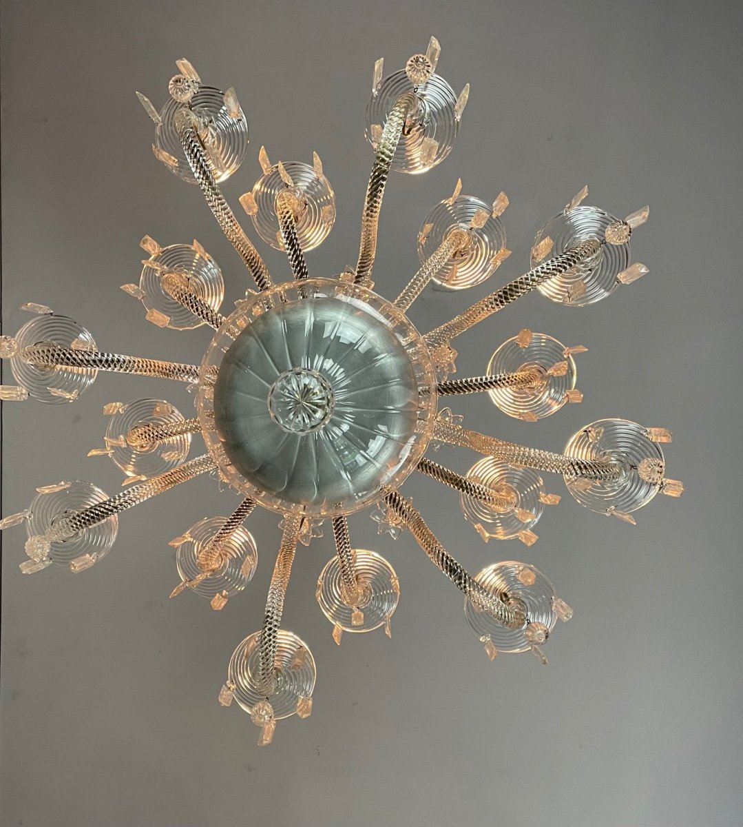 Transparent Blown And Pinch Glass Chandelier Decorated With Crystals, Austria Circa 1920-photo-2