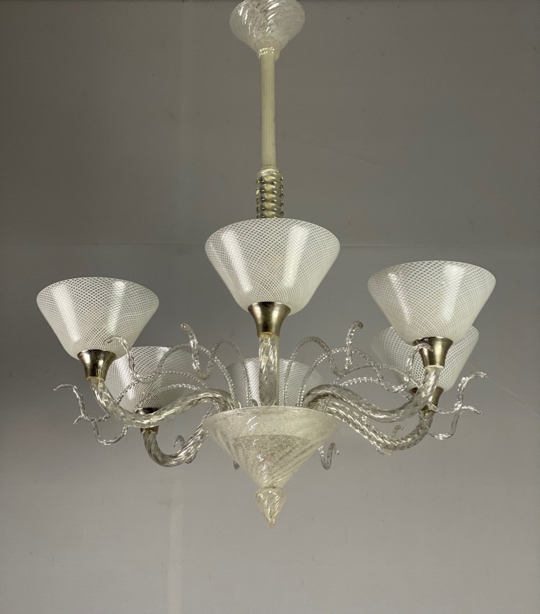 Venetian Murano Glass Chandelier Circa 1940, Vetro A Reticello-photo-4