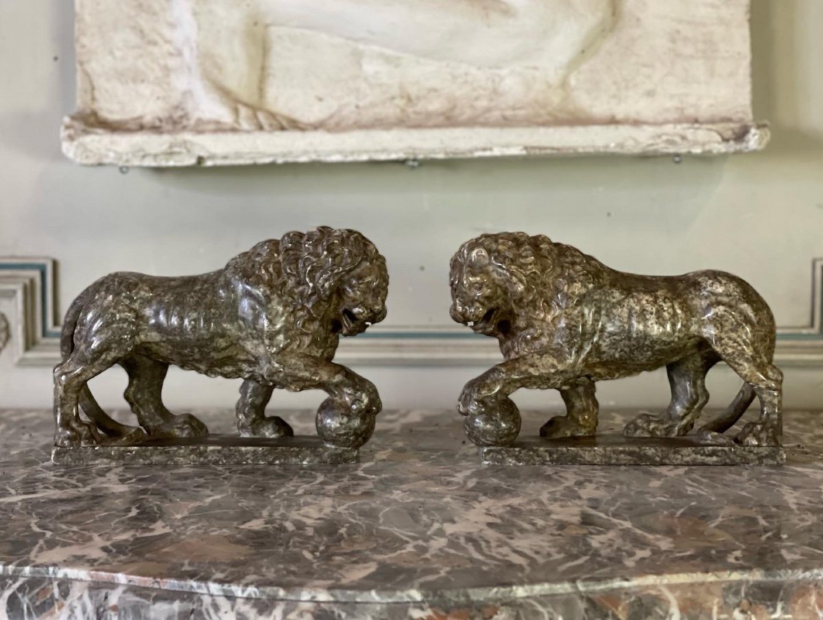 Pair Of Medici Lions In Alabaster, Italy XIXth Century-photo-3