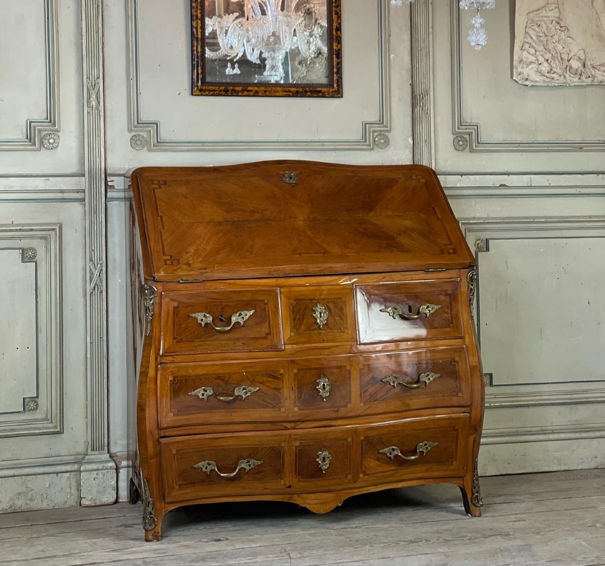 Commode Scriban Ou Bureau De Pente, Plaque De Fruitier, XVIIIème Siècle -photo-3