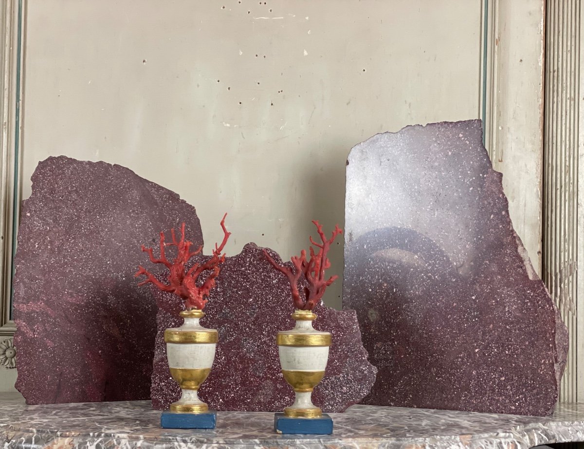 Pair Of Red Corals On Golden And Blue Wooden Pedestals-photo-1