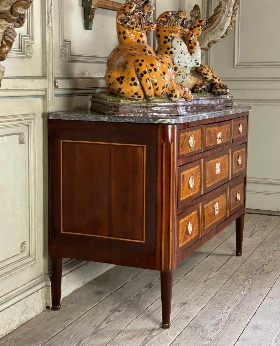 Commode Louis XVI En Placage, Bronze Doré Et Marbre Gris Des Ardennes, XVIIIème Siècle -photo-2