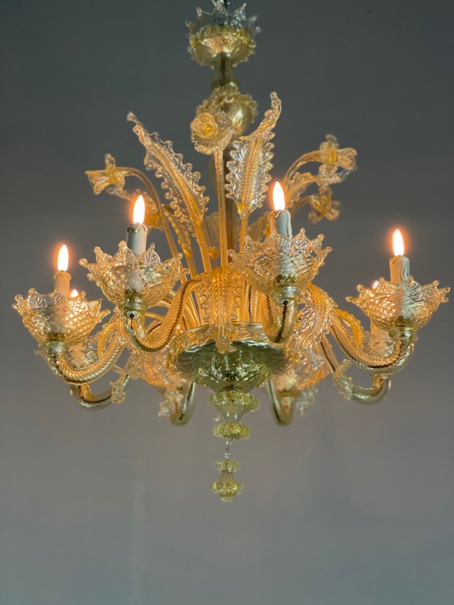 Venetian Chandelier In Golden Murano Glass, 8 Arms Of Light