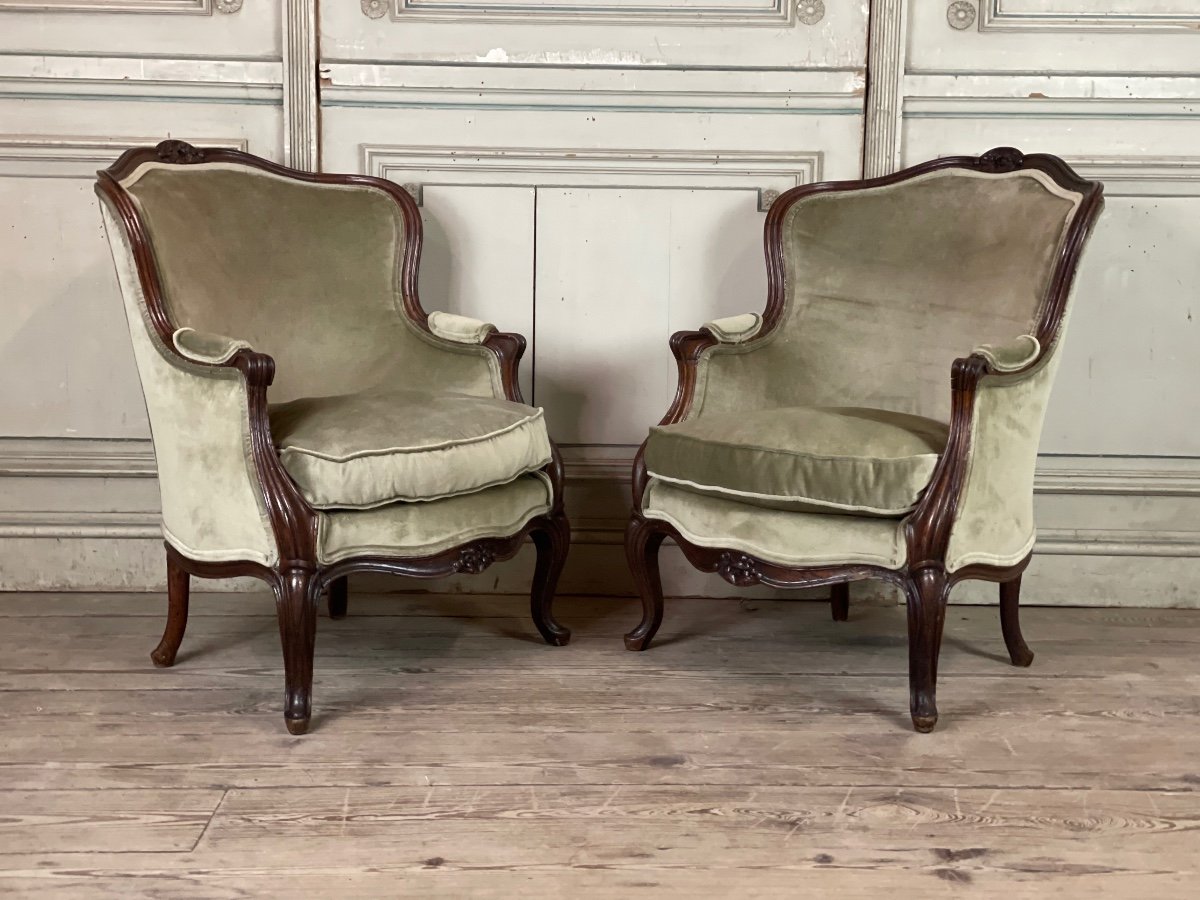Pair Of Louis XV Style Bergeres In Carved Wood, Circa 1880-photo-8
