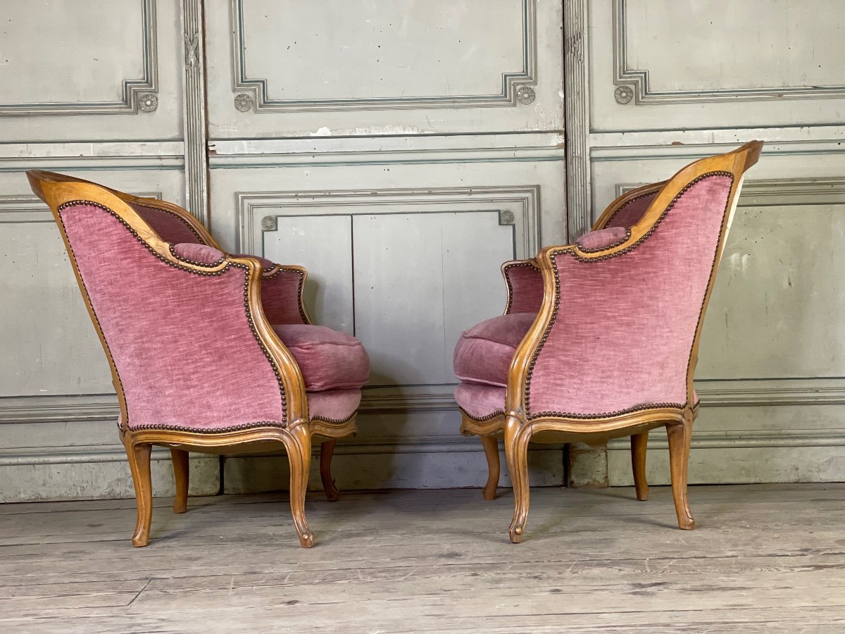 Pair Of Louis XV Style Bergeres In Carved Wood, Pink Velvet Circa 1900-photo-2