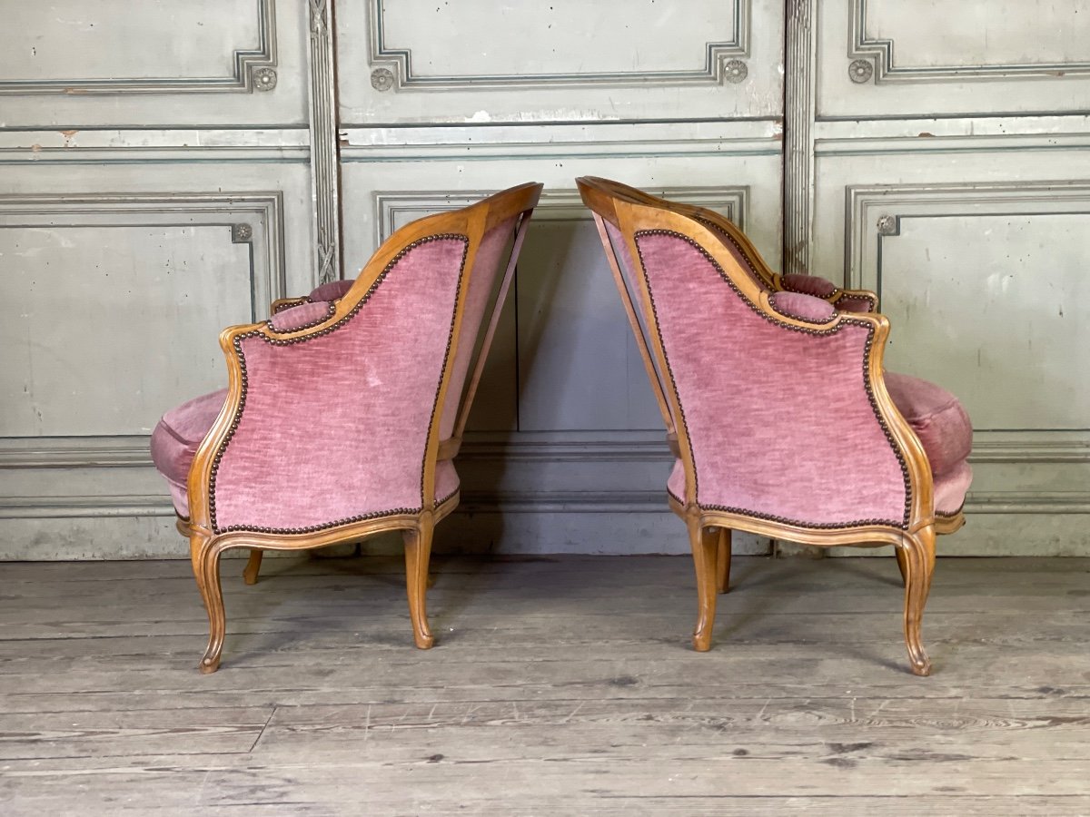 Pair Of Louis XV Style Bergeres In Carved Wood, Pink Velvet Circa 1900-photo-4