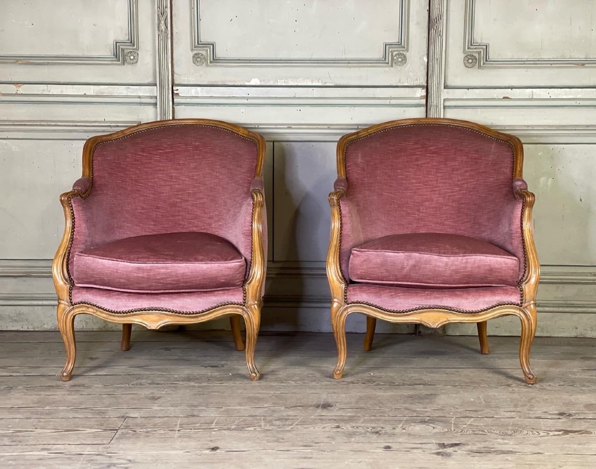 Pair Of Louis XV Style Bergeres In Carved Wood, Pink Velvet Circa 1900