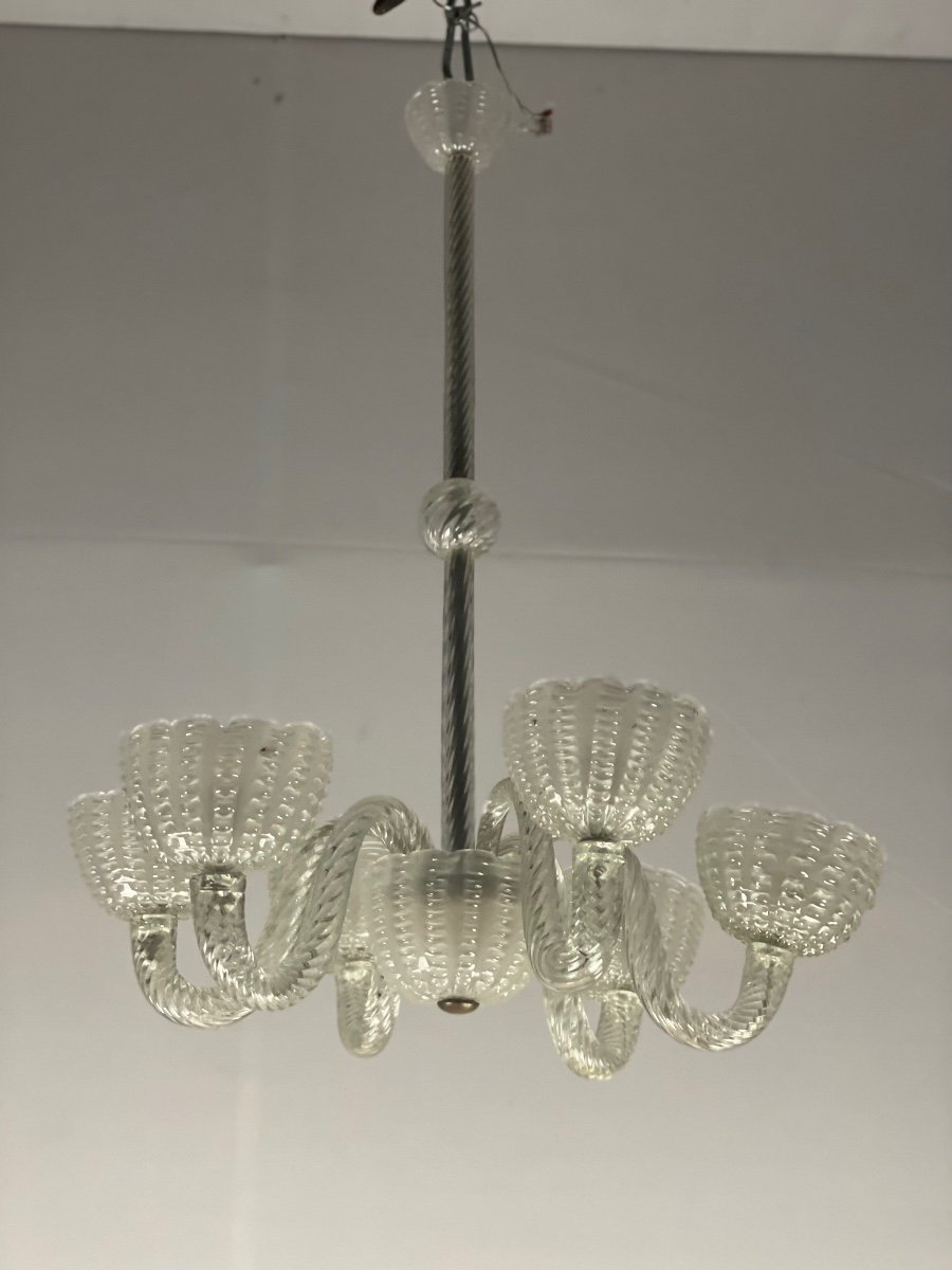 Lustre Vénitien En Verre De Murano Incolore Soufflé Pressé Et Moulé Vers 1950-photo-2