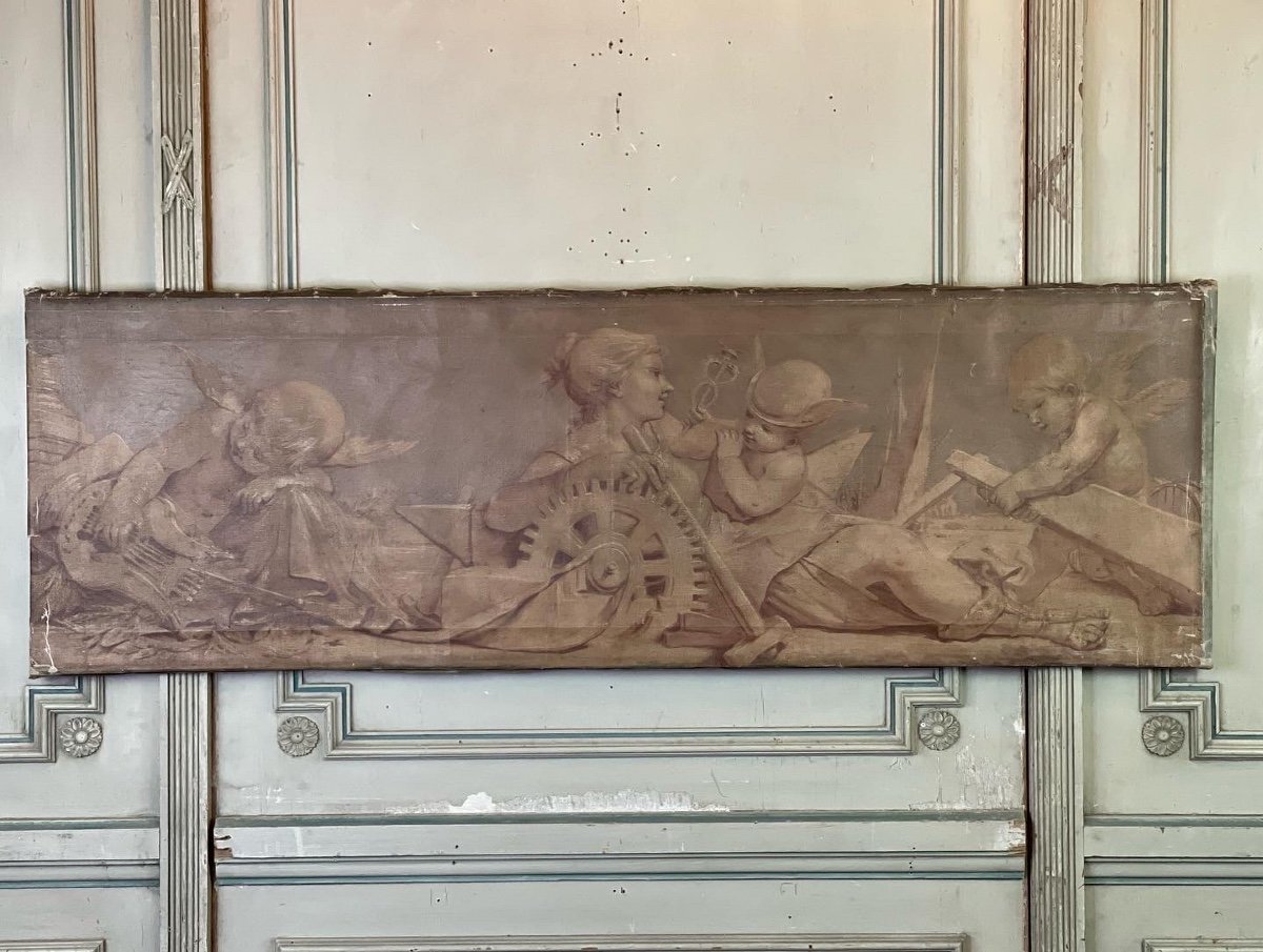 Allégorie, Huile Sur Toile, Trompe L’oeil à L’imitation De Sanguine XIXème Siècle 