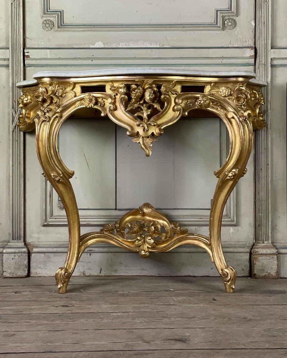 Console De Style Louis XV En Bois Doré XIXème Siècle -photo-3