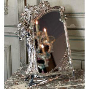 Table Mirror In Silver Bronze, Art Nouveau Around 1900