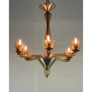 Venetian Chandelier In Golden Murano Glass Circa 1940