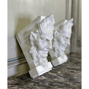 Pair Of Statuary White Marble Consoles, Fauna Heads