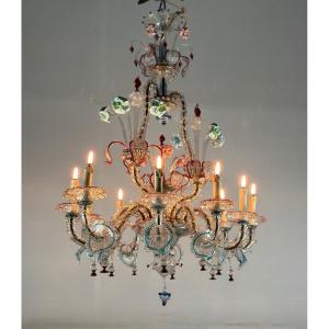 Lustre Vénitien Rezzonico En Verre De Murano Multicolore, 10 Bras De Lumière 