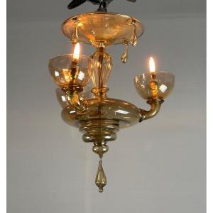 Small Venetian Hallway Chandelier In Golden Murano Glass Circa 1940