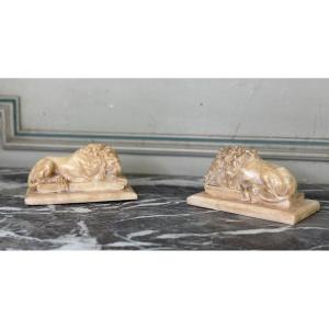 Pair Of Lions After Canova, Alabaster Sculpture Circa 1880