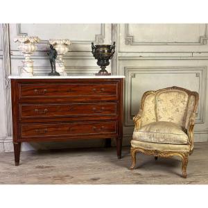 Louis XVI Commode In Mahogany And Beaded Brass, Arabescato Marble, Eighteenth Century