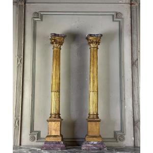 Paire De Colonnes En Bois Sculpté Et Doré XVIIIème Siècle 