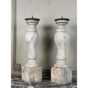 Pair Of Carrara Marble Candlesticks, XIXth Century