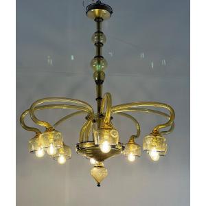 Venetian Art Nouveau Chandelier In Green And Blue Murano Glass Circa 1920