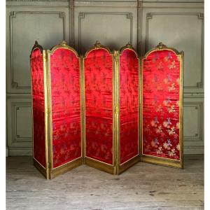 Louis XVI Style Screen In Carved And Gilded Wood, 5 Silk Panels